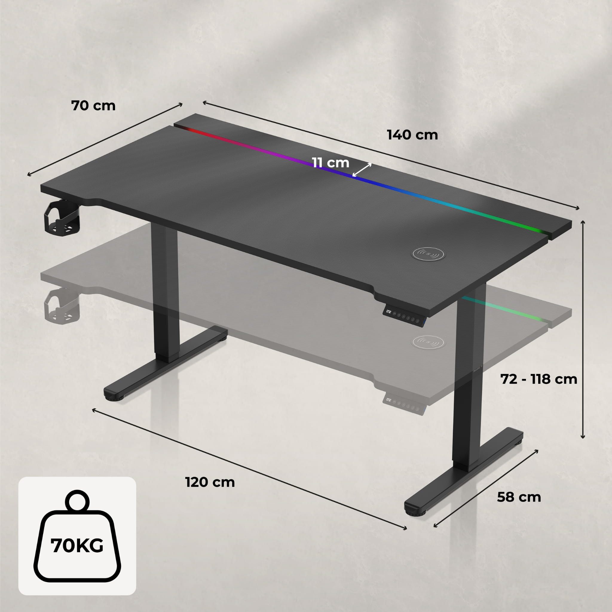 Huzaro Hero 8.7 RGB LED elektrisch bureau, 140 cm