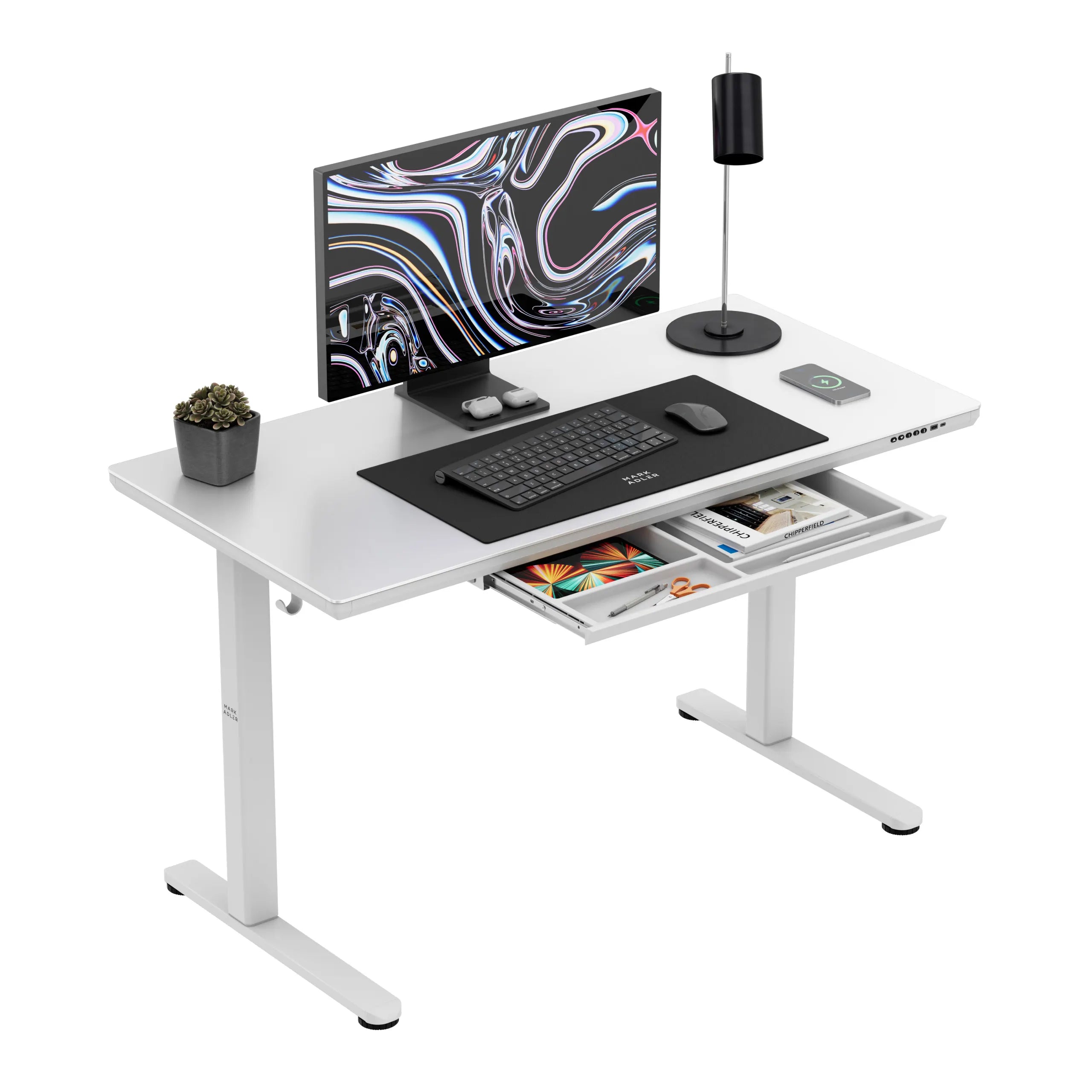 Elektrisch verstelbaar bureau met glazen blad Mark Adler Leader 8.5 White