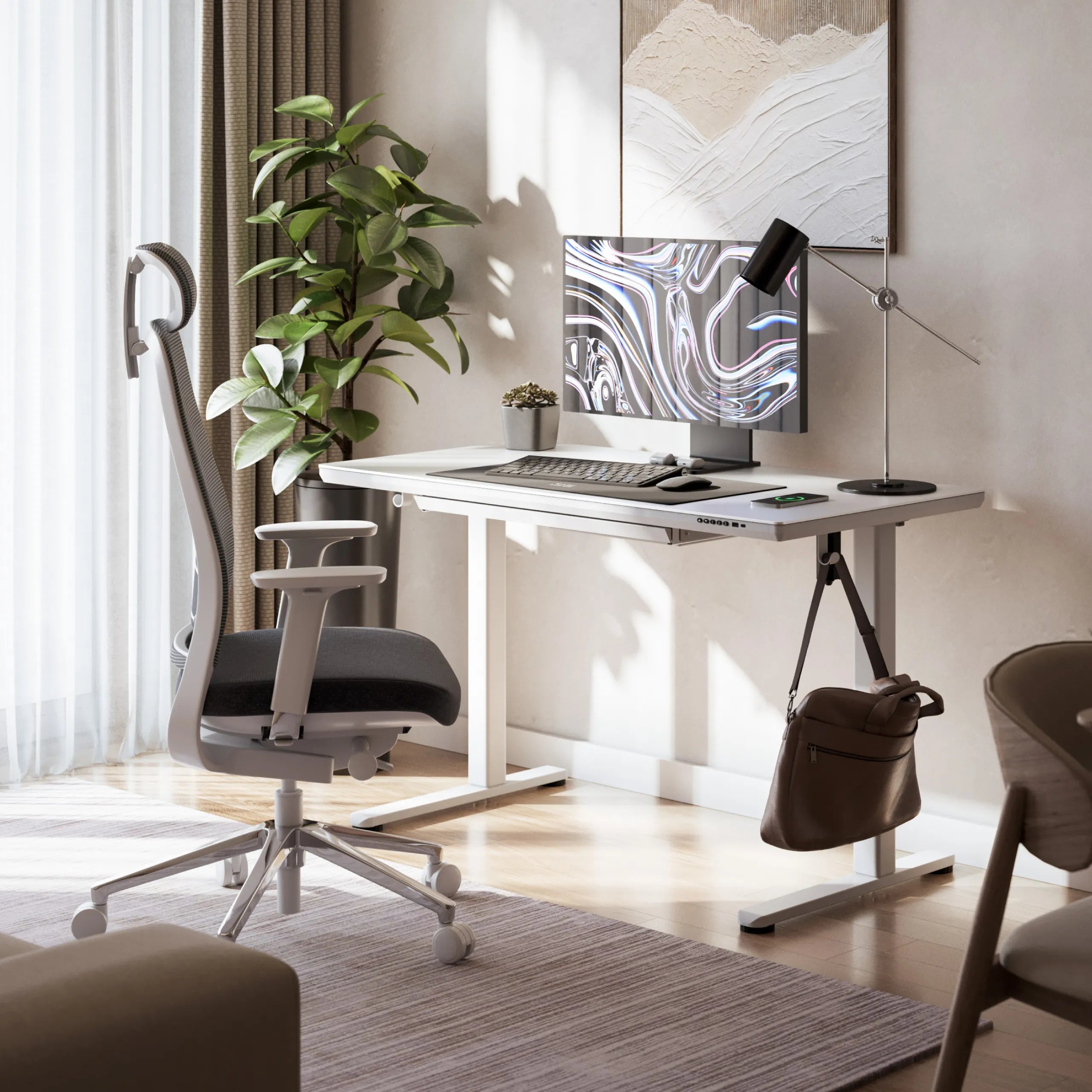 Elektrisch verstelbaar bureau met glazen blad Mark Adler Leader 8.5 White