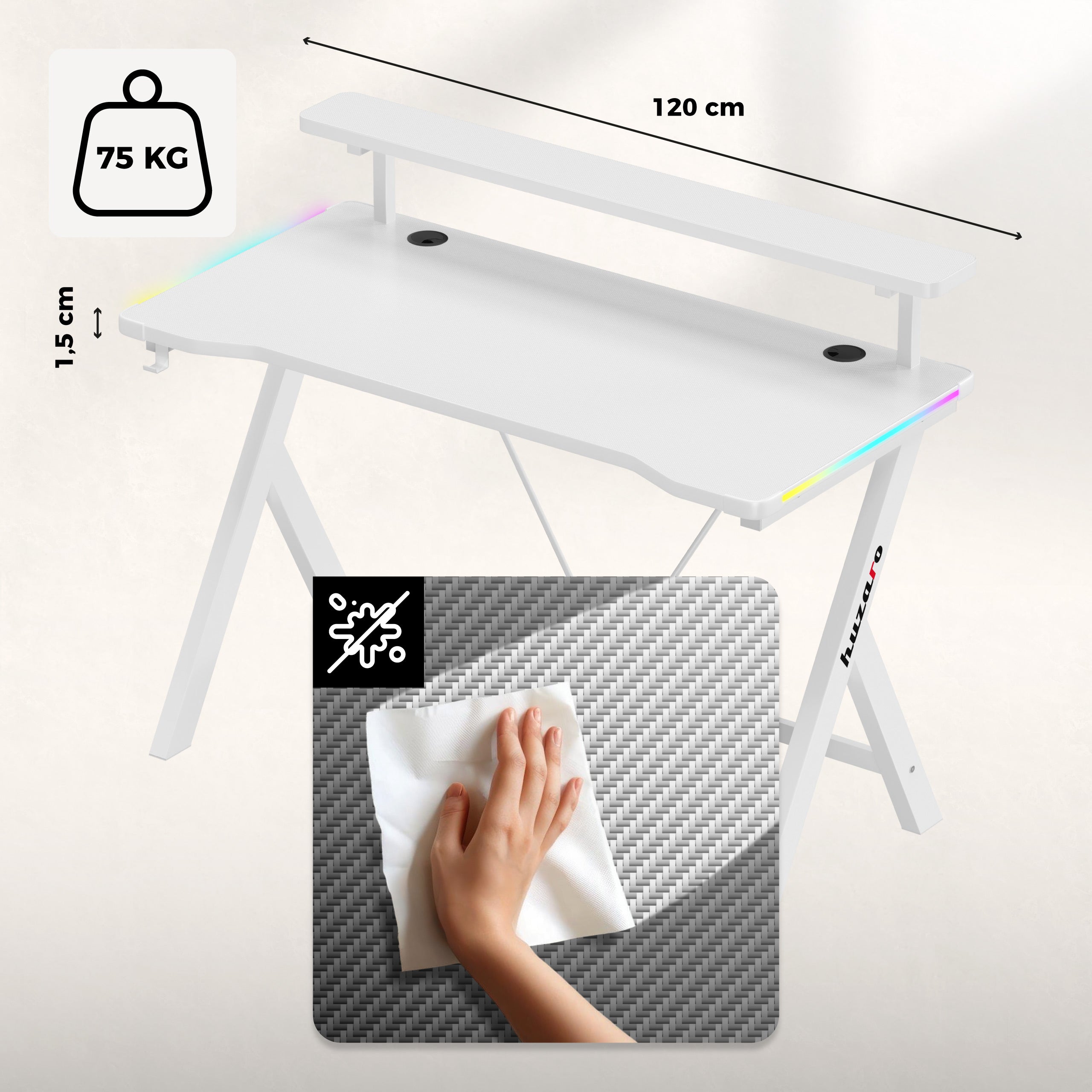 Huzaro Hero 1.9 RGB White 120 cm gamingbureau met LED-verlichting