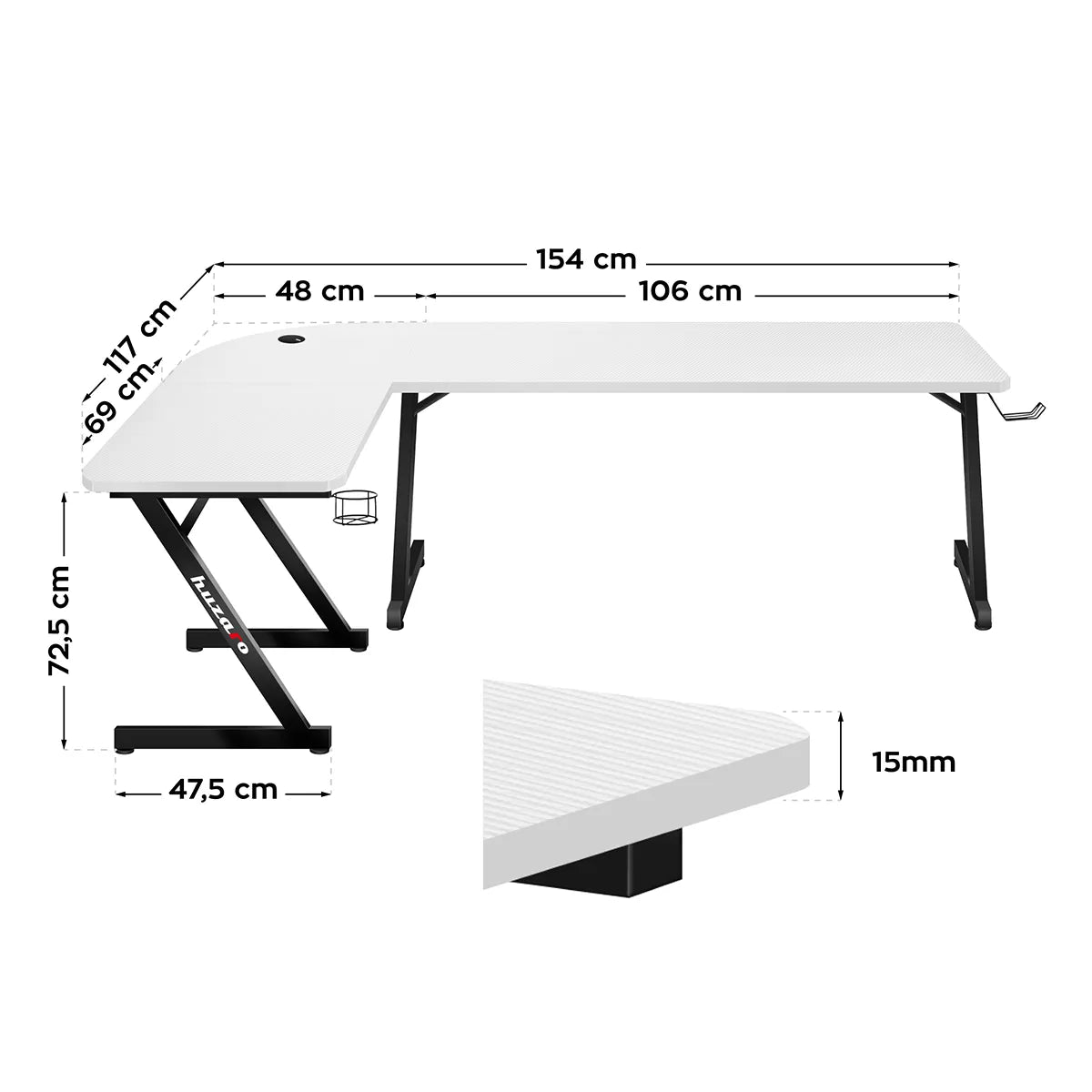 Huzaro Hero 7.0 White gamingbureau, 154 cm