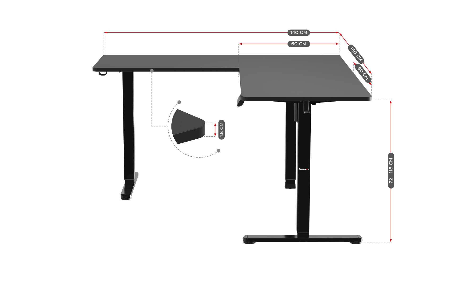 Huzaro Hero 9.5 elektrisch hoekbureau, 160 cm