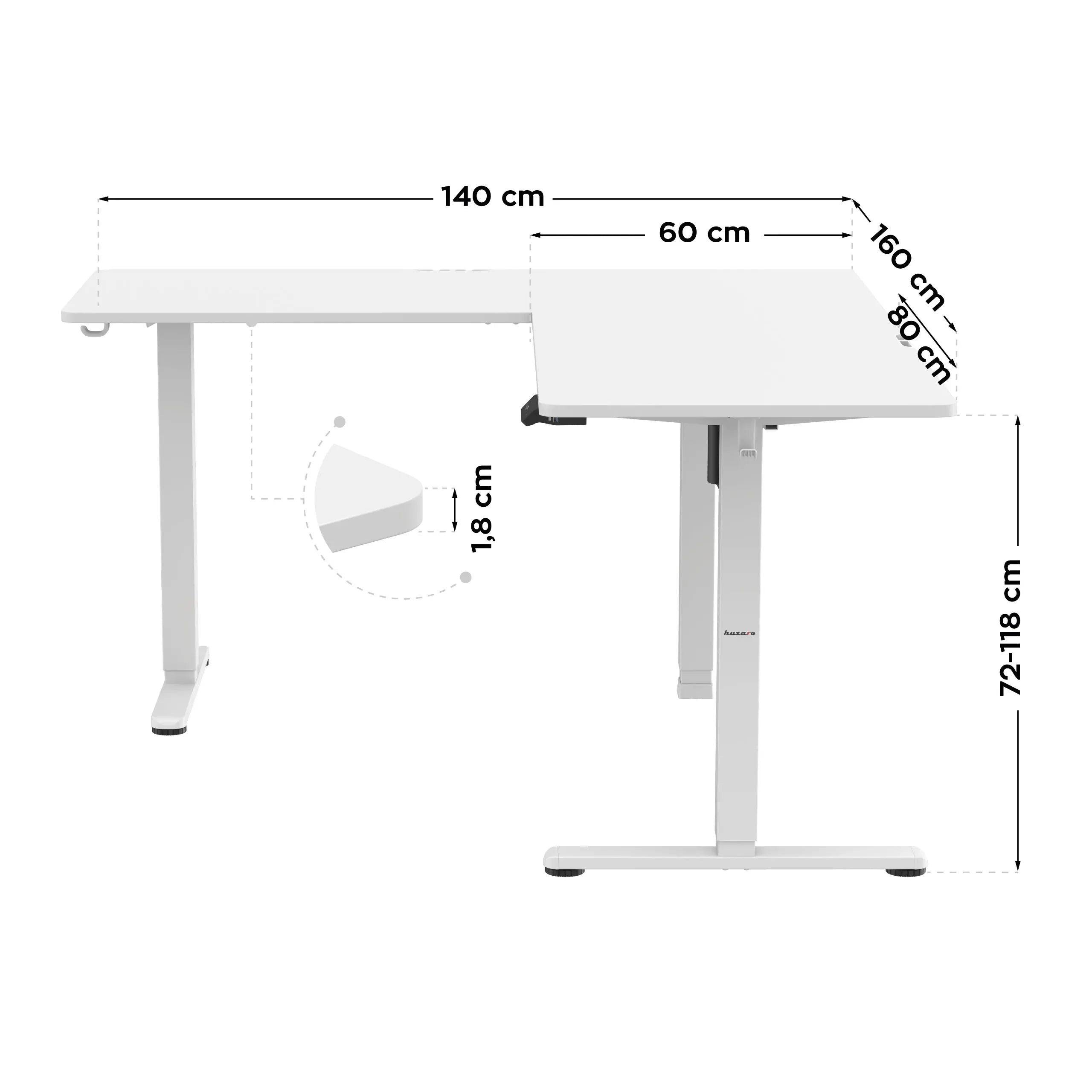 Huzaro Hero 9.5 White elektrisch hoekbureau, 160 cm
