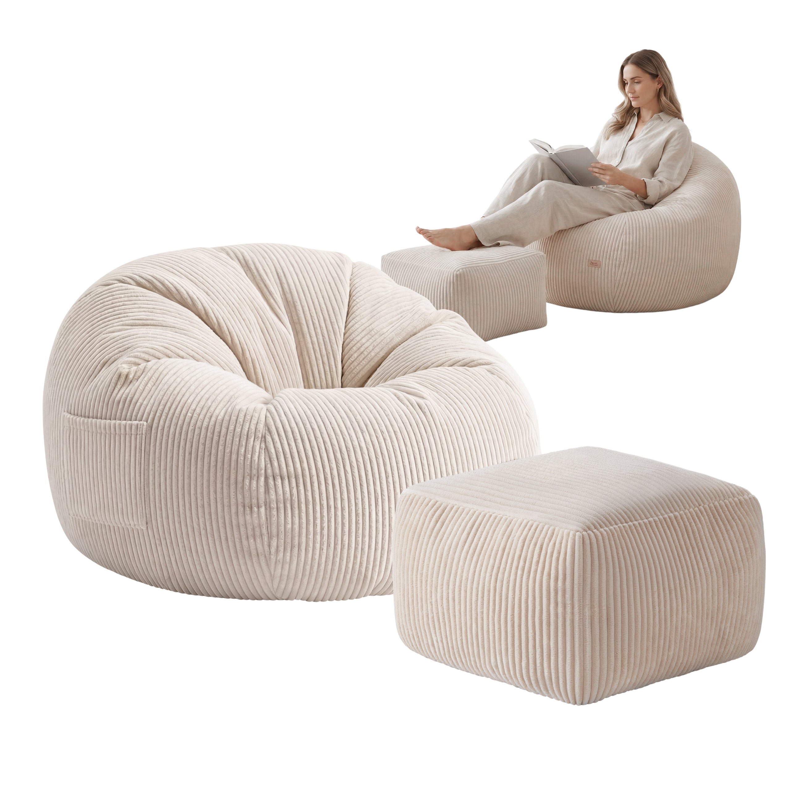 Corduroy poefstoel met voetensteun Mark Adler Comfy 3.0 Beige