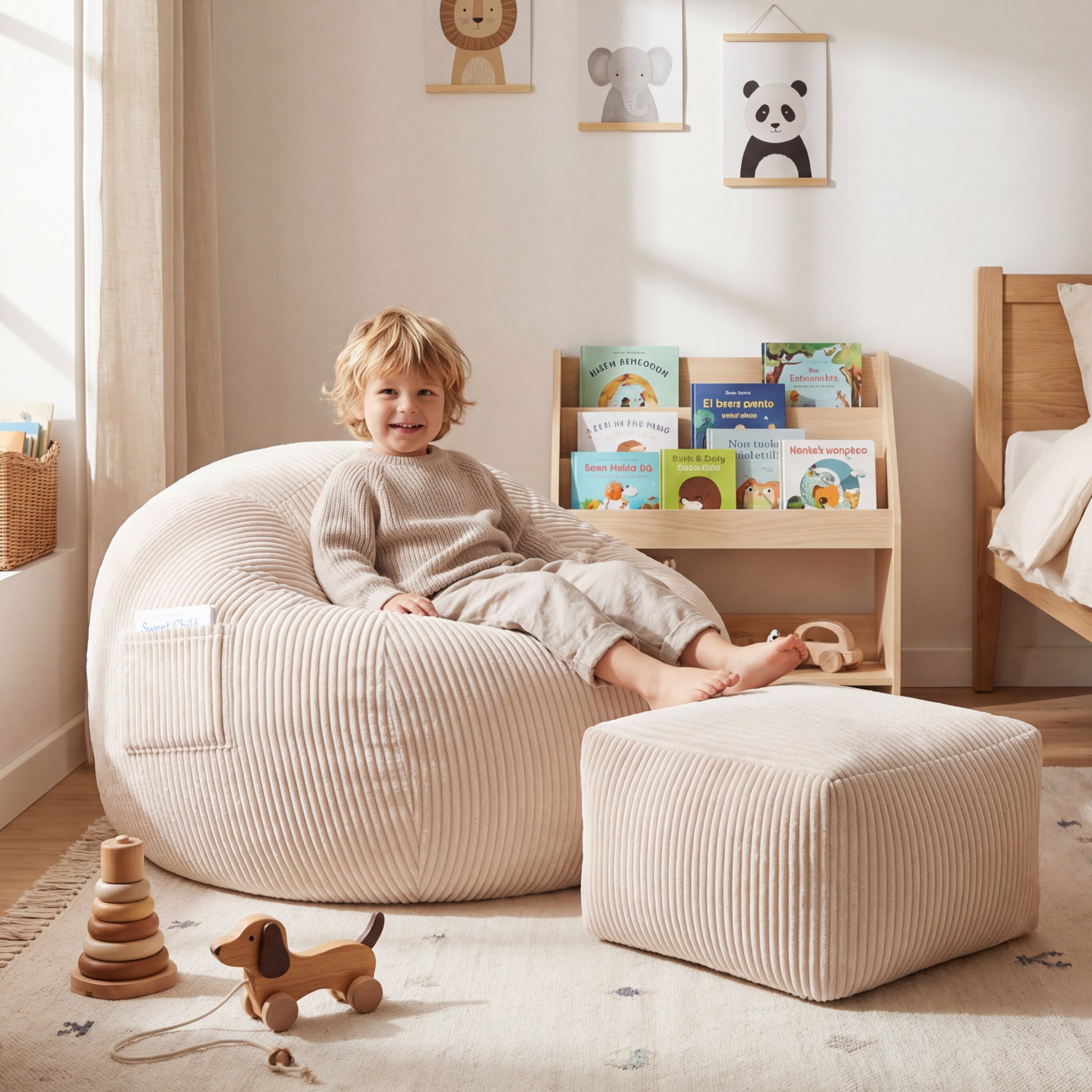 Corduroy poefstoel met voetensteun Mark Adler Comfy 3.0 Beige