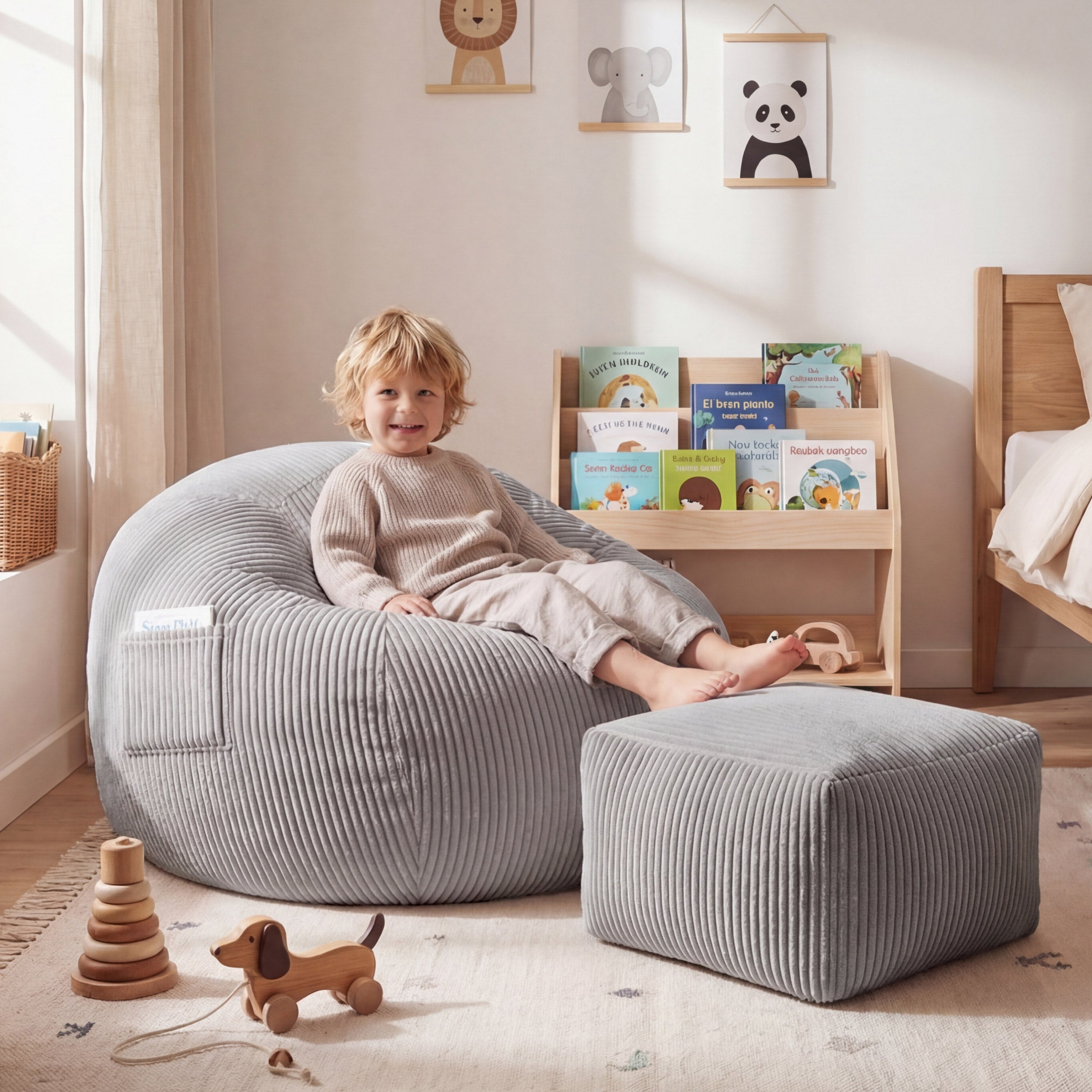 Corduroy poefstoel met voetensteun Mark Adler Comfy 3.0 Grey