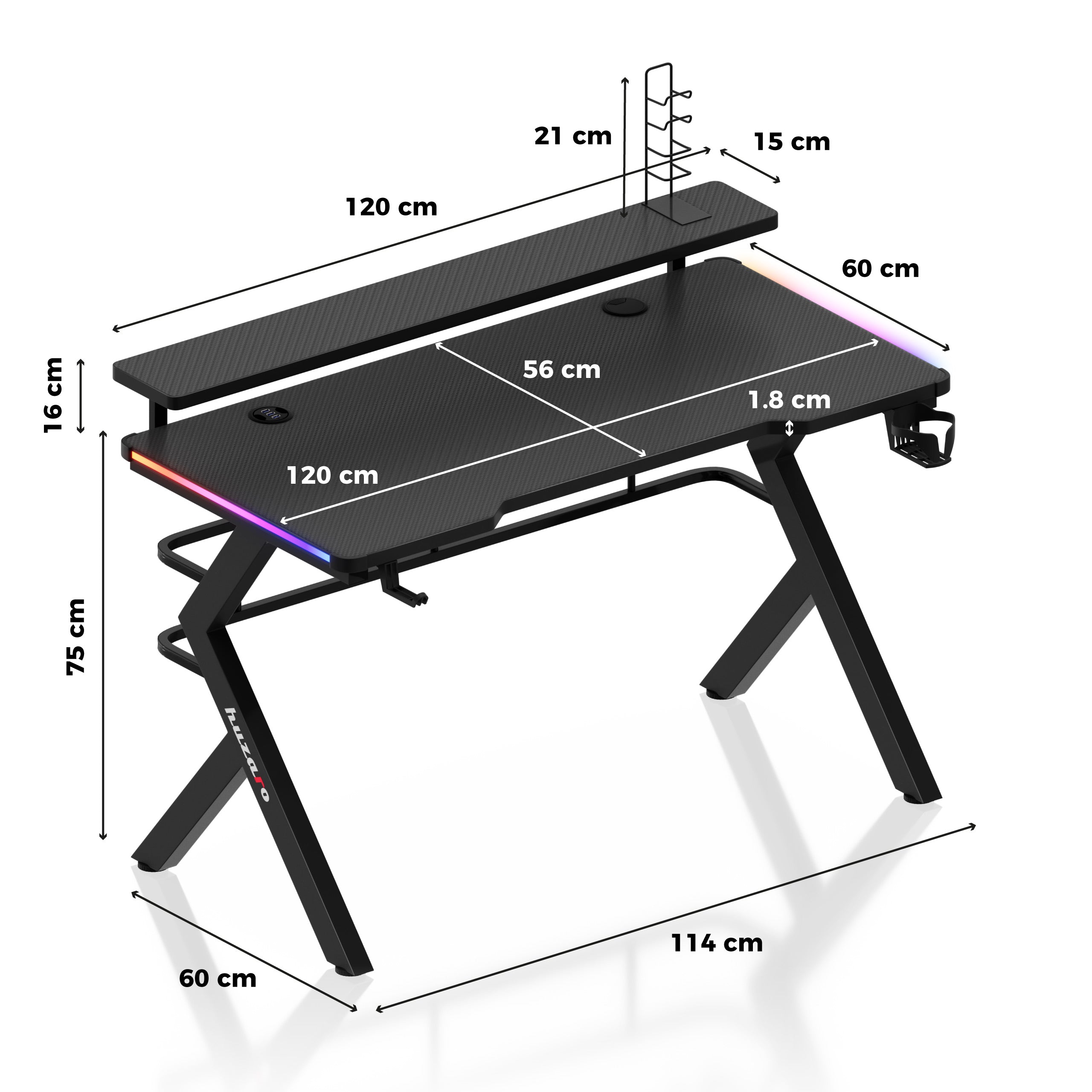 Huzaro Hero 5.0 RGB LED-gamingbureau, 120 cm