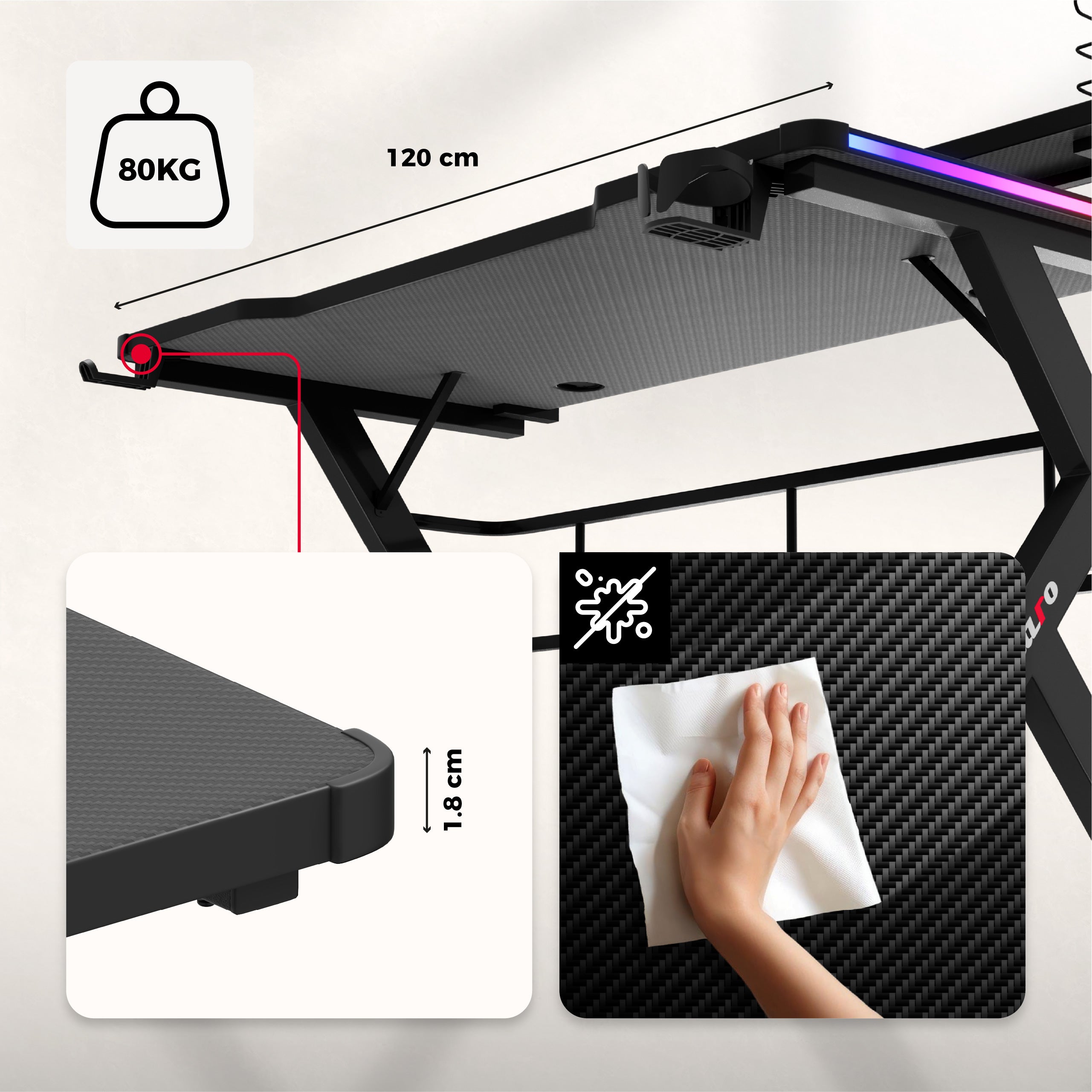 Huzaro Hero 5.0 RGB LED-gamingbureau, 120 cm