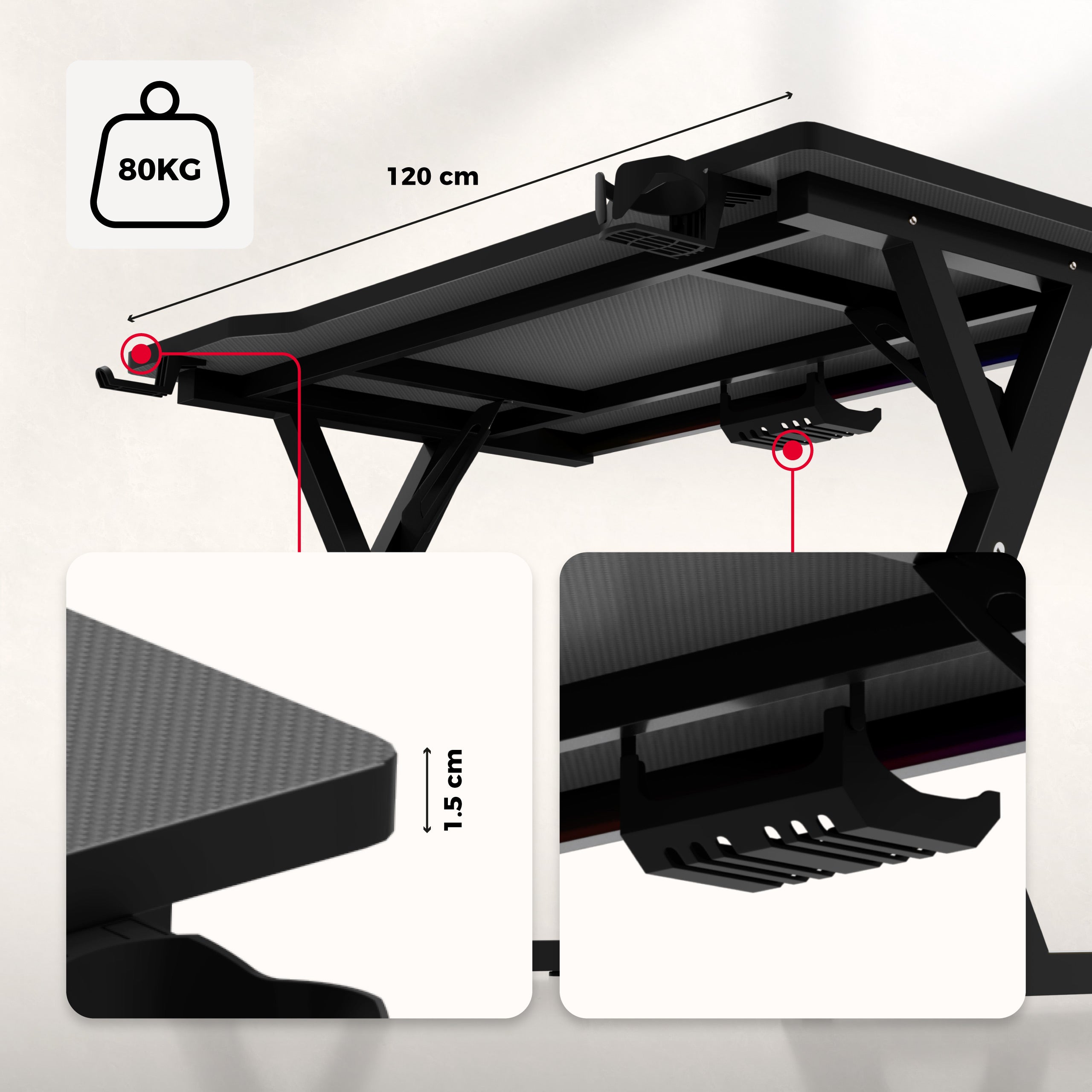 Hero 2.4 RGB Black gamingbureau met LED-verlichting