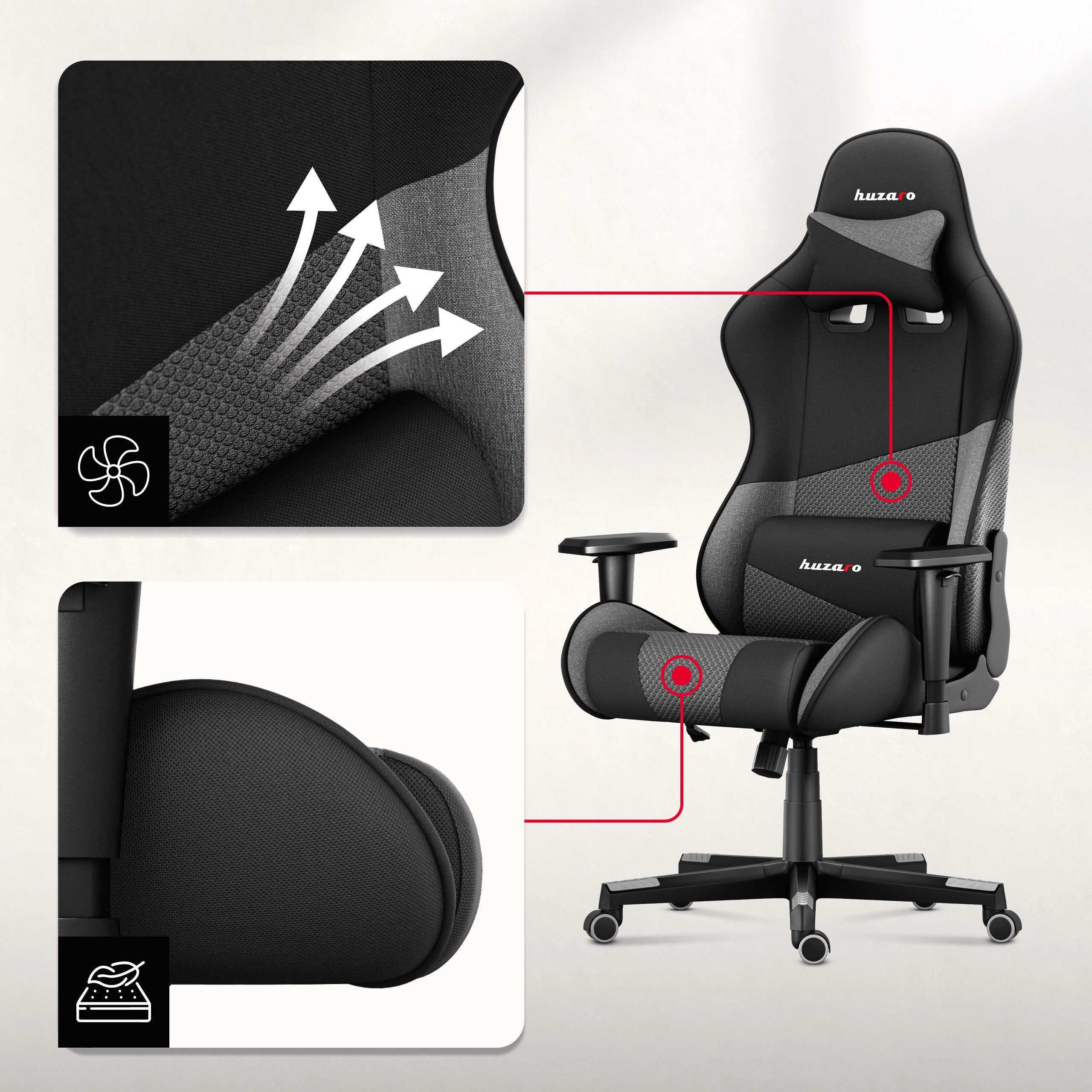 Gamingstoelen van stof met AIR-technologie.